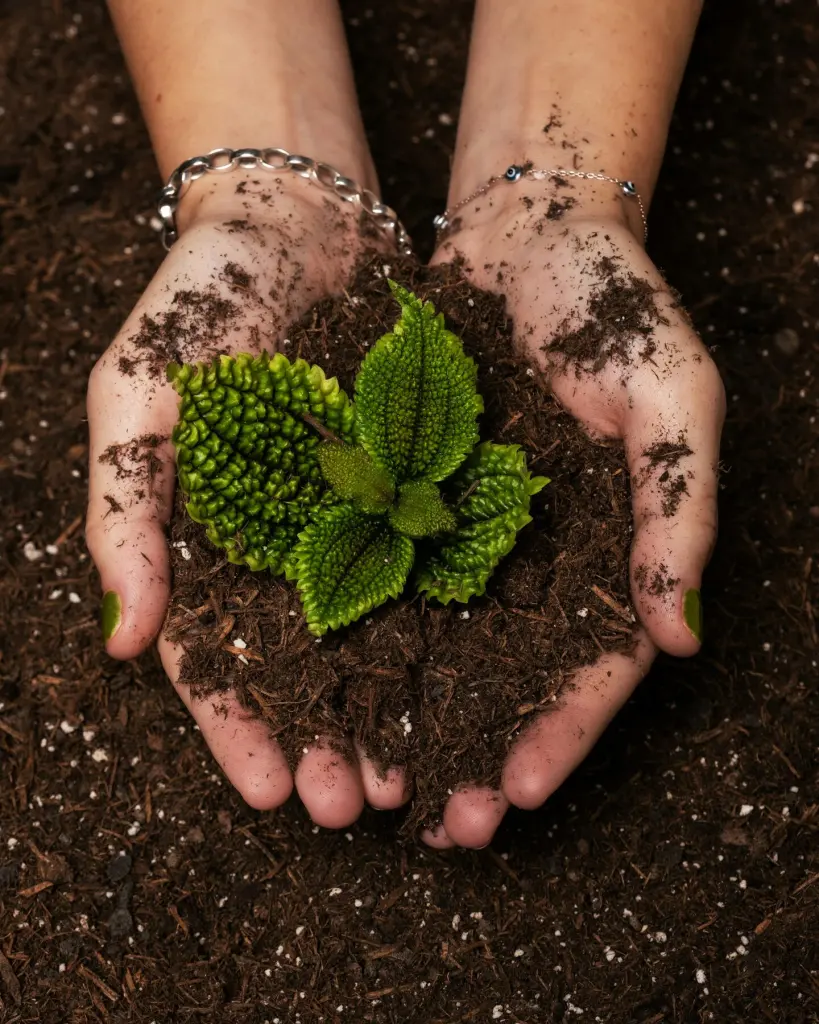 Hands lifting a young fiddle-leaf fig out of its nursery pot